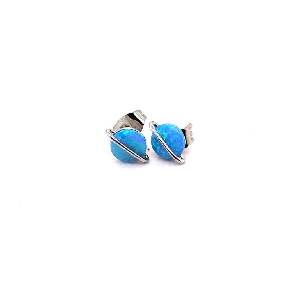 Pura Vida Blue Opal Saturn Planet Stud Earrings Silver Tone Celestial Jewelry